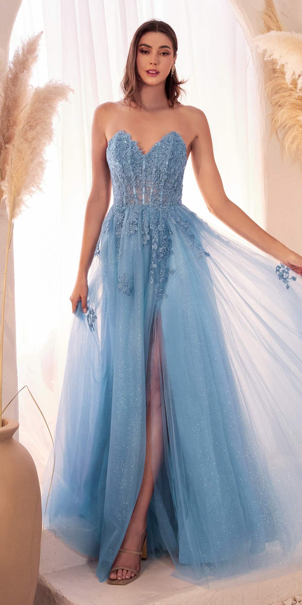 Ladivine C148 Long Strapless Lace and Tulle Glitter A-Line Ballgown
