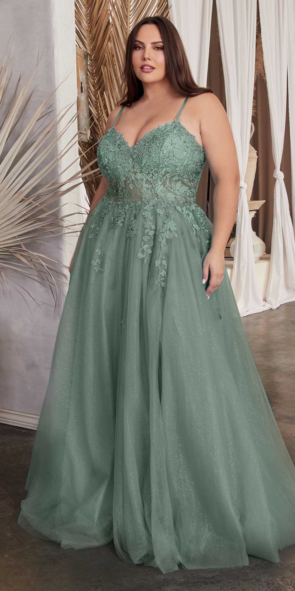 Ladivine C148 Long Strapless Lace and Tulle Glitter A-Line Ballgown