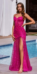 Ladivine C155 Long Glitter Floral Print Motif Sheer Bodice Fitted Gown