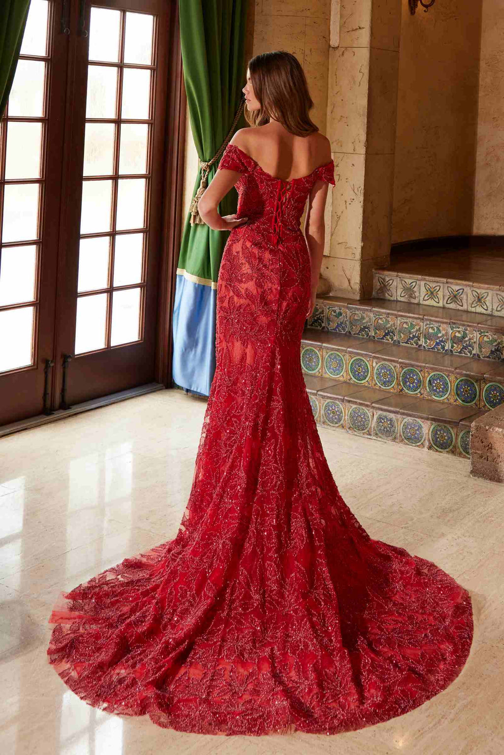 Nox Anabel C1600 Off the Shoulder Fully Beaded Long Train Dress