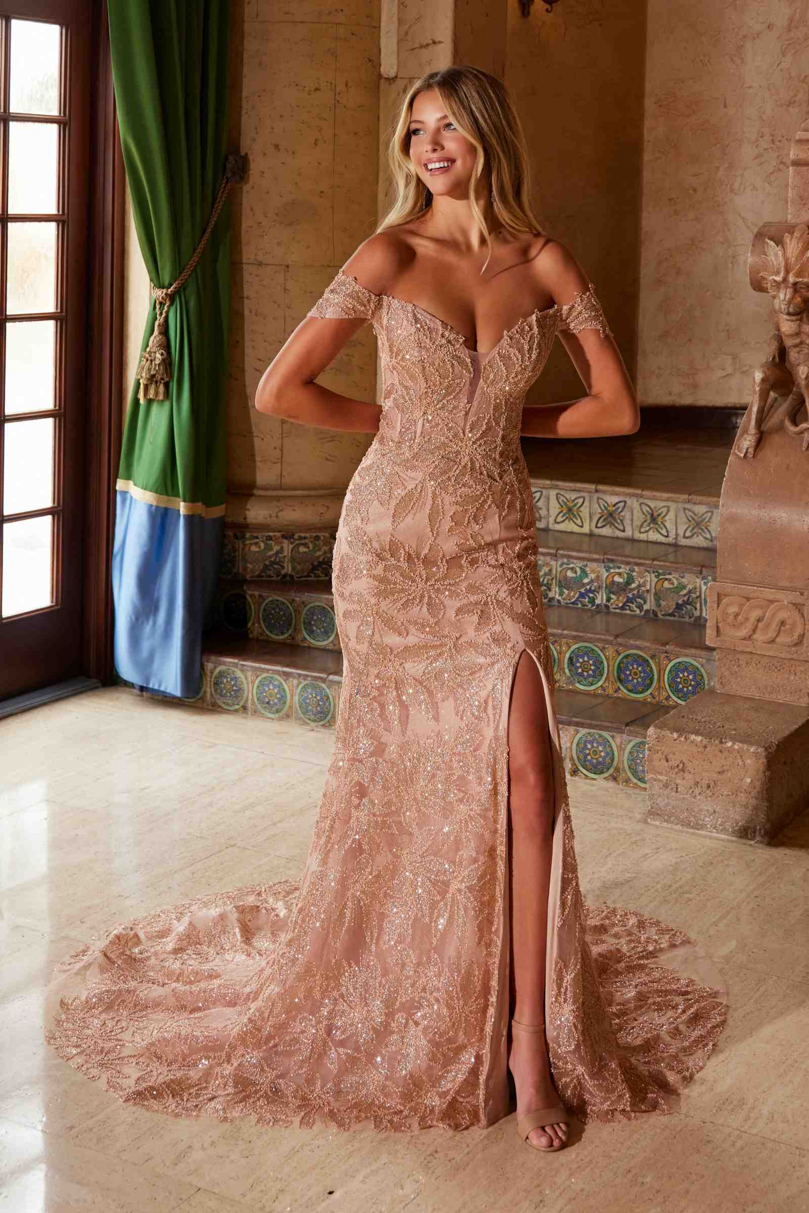 Nox Anabel C1600 Off the Shoulder Fully Beaded Long Train Dress