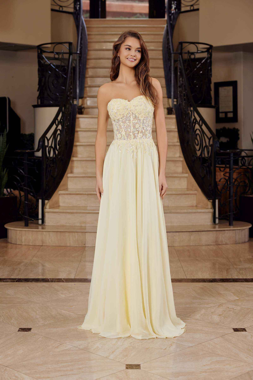 Nox Anabel C1617 Strapless Applique Corset with Chiffon Skirt Dress