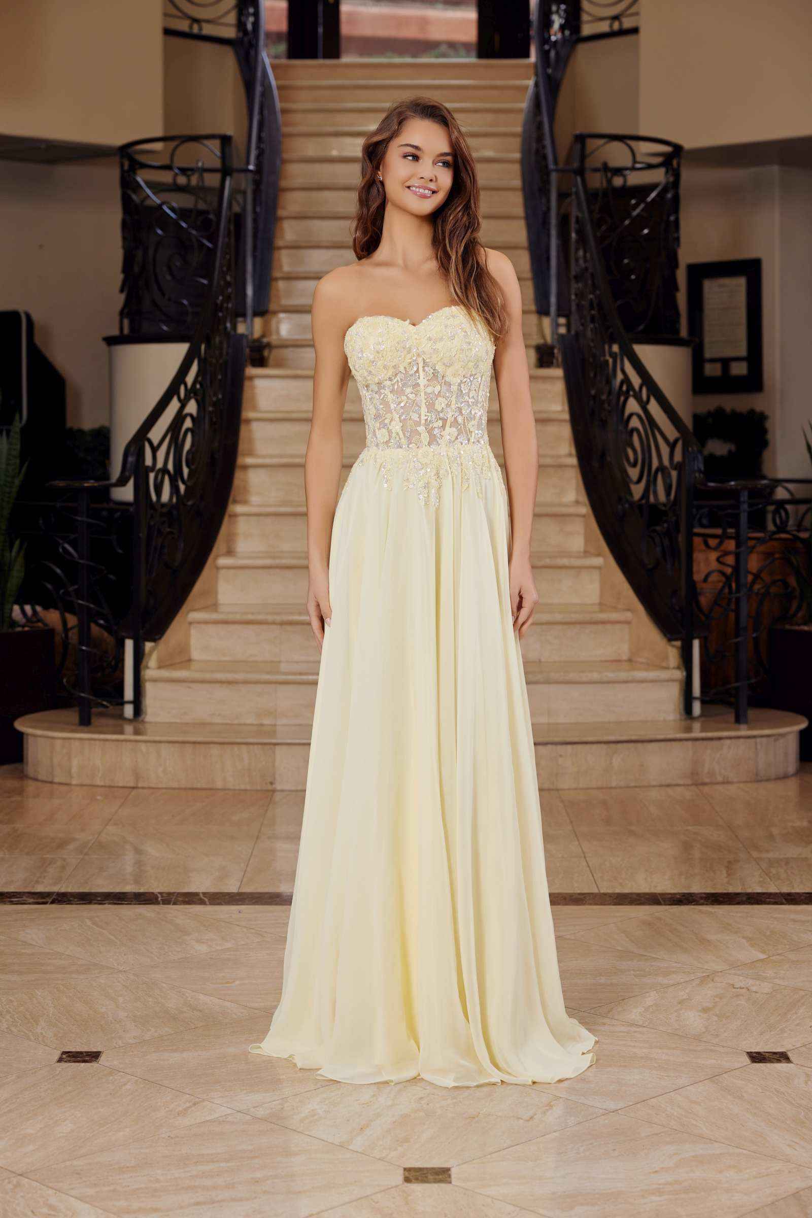 Nox Anabel C1617 Strapless Applique Corset with Chiffon Skirt Dress