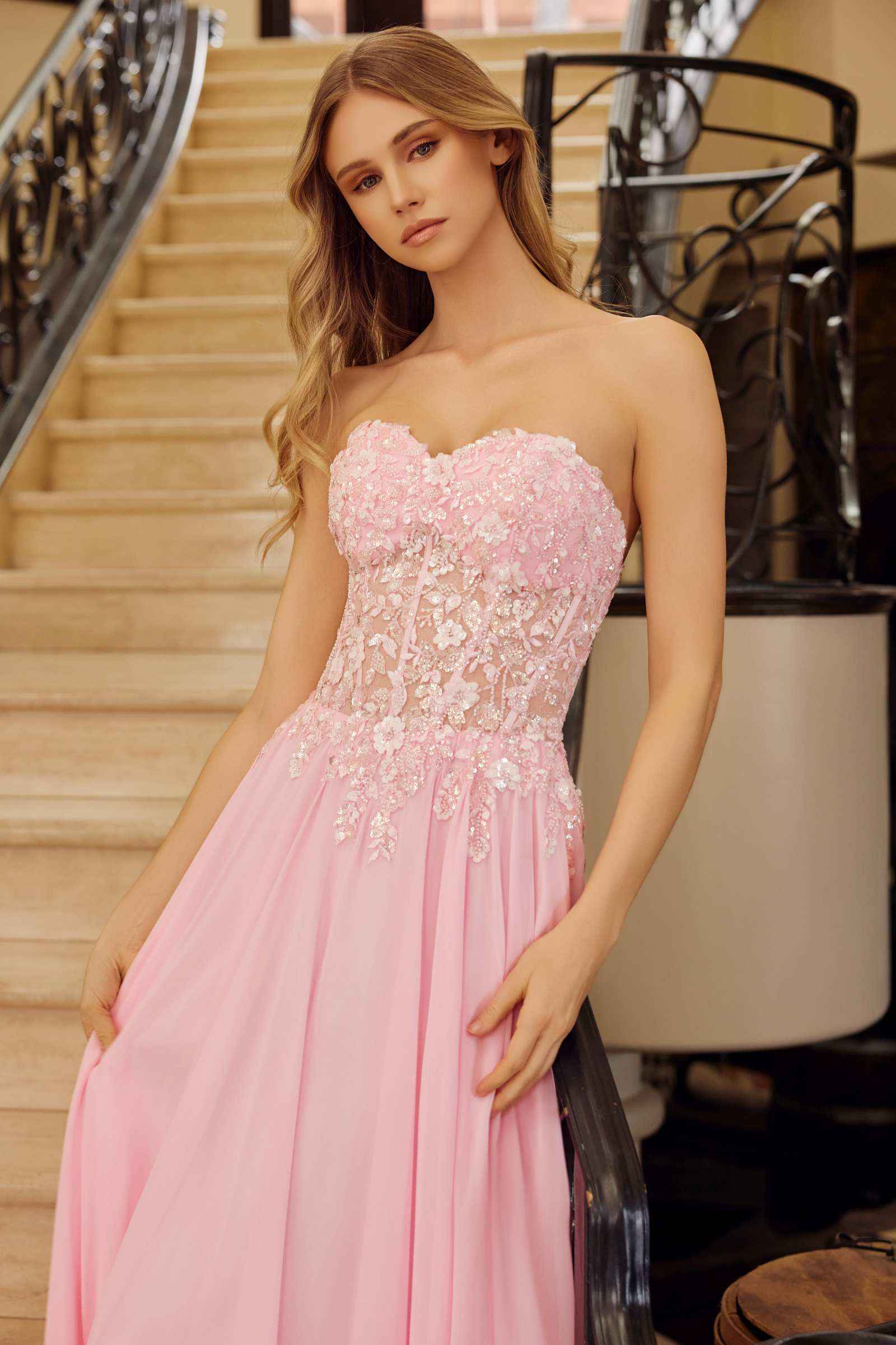 Nox Anabel C1617 Strapless Applique Corset with Chiffon Skirt Dress