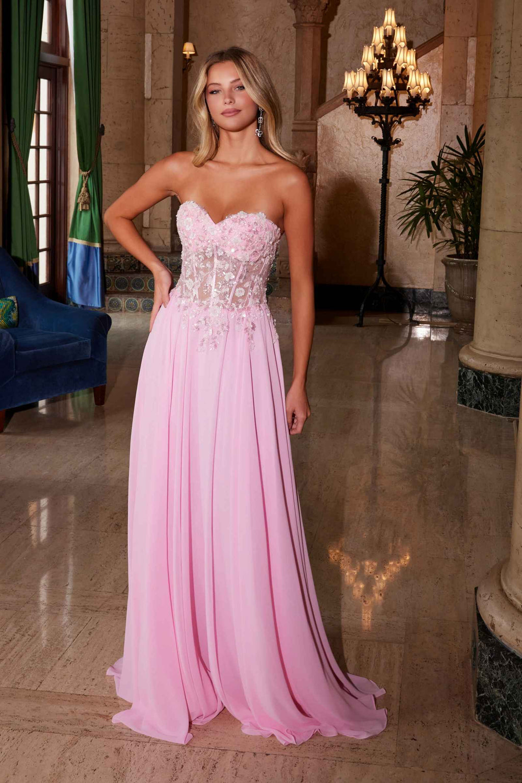 Nox Anabel C1617 Strapless Applique Corset with Chiffon Skirt Dress