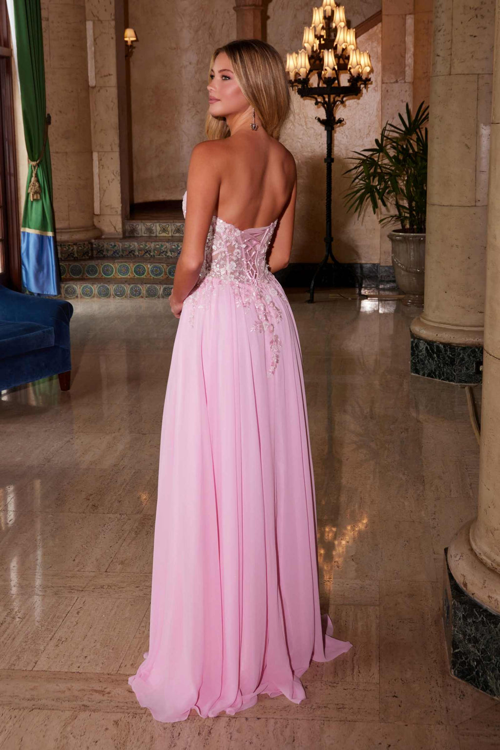 Nox Anabel C1617 Strapless Applique Corset with Chiffon Skirt Dress