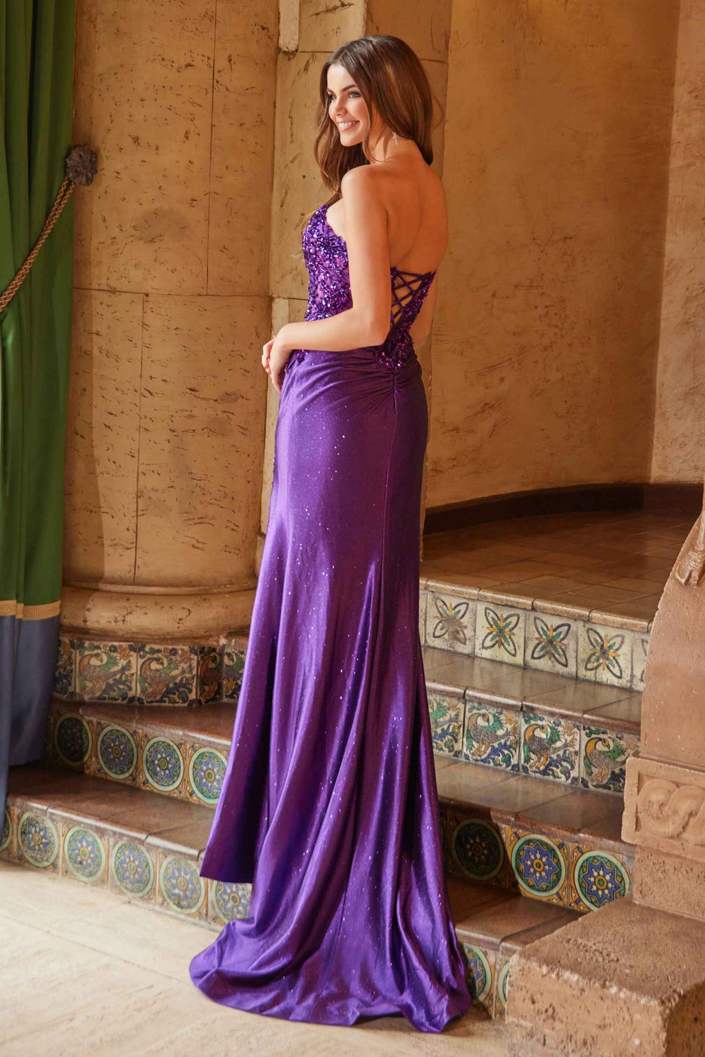 Nox Anabel C1630 Glitter Satin Sequin Lace Up Bodice Dress