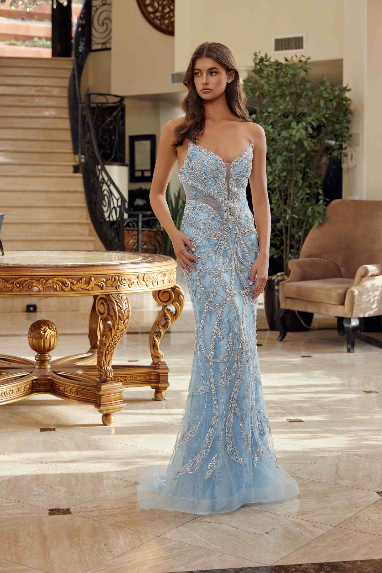 Nox Anabel C1826 Peaked Neckline Beaded Embellishments Fitted Prom Gown