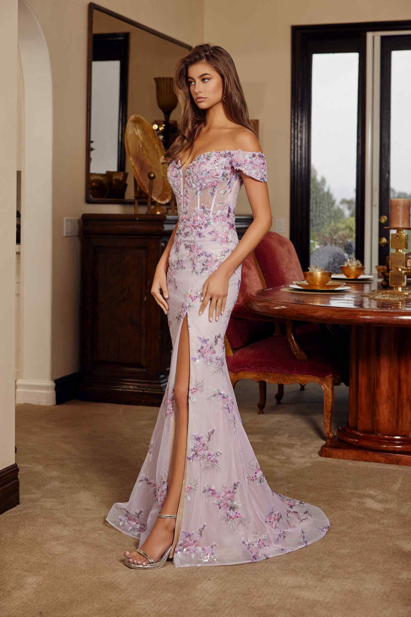 Nox Anabel C1829 Off Shoulder Silhouette Embroidered Bodice Prom Gown