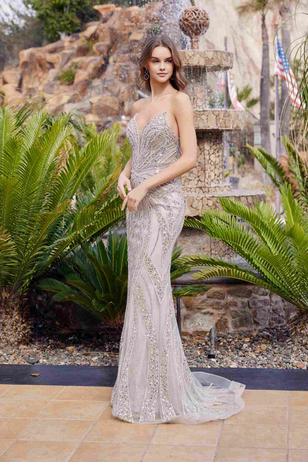Nox Anabel C1833 Strapless Beaded Gown With Peaked Neckline Prom Gown