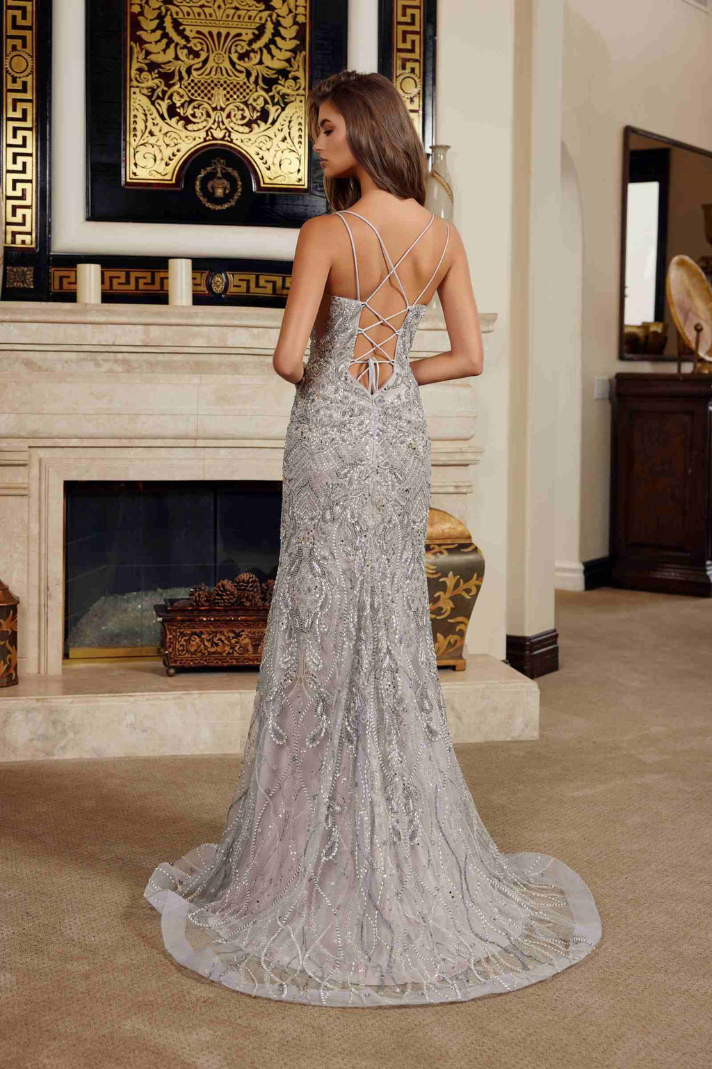 Nox Anabel C1834 Fitted Beaded Embellishments Peaked Neckline Prom Gown