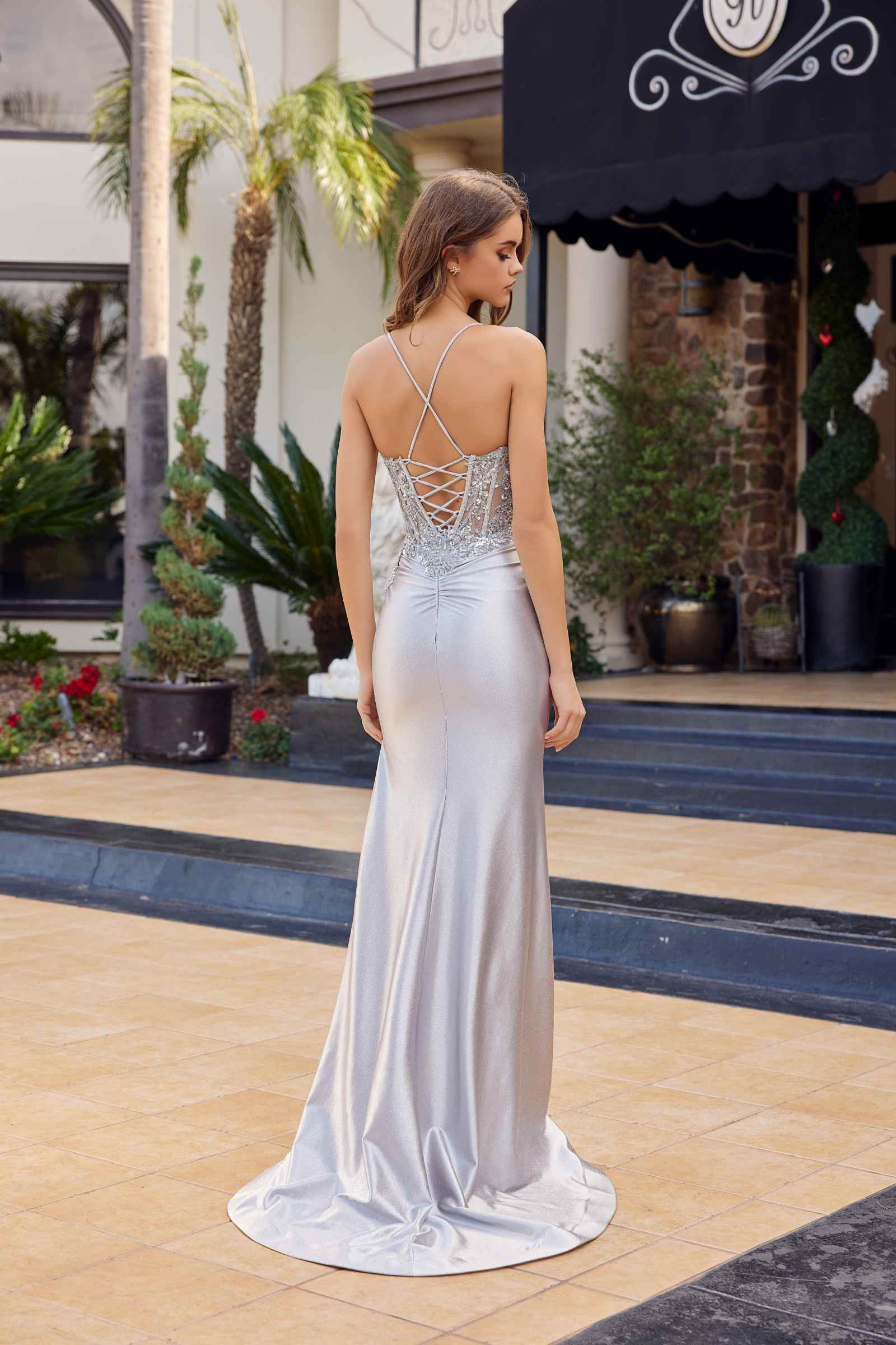 Nox Anabel C1841 Glitter Dusted Satin Sequined Embellishment Prom Gown