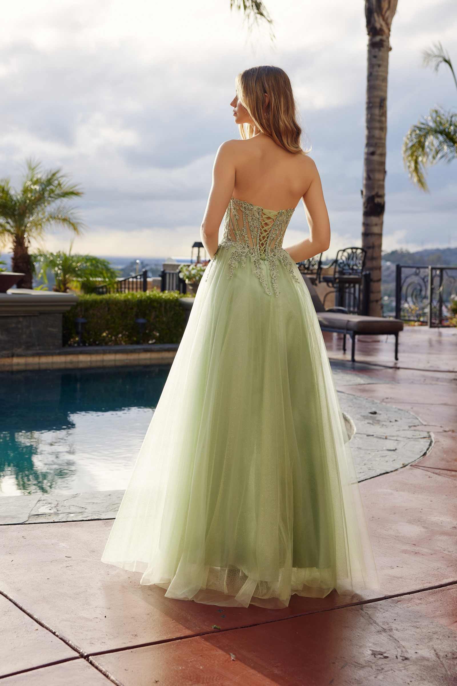 Nox Anabel C1843 Mesh A-Line Peaked Neckline Sequin Prom Ball Gown