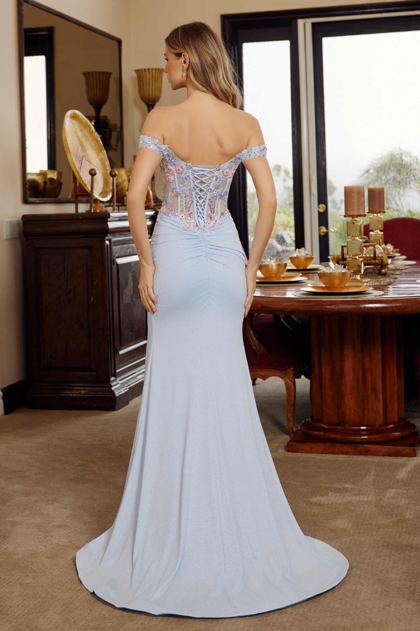Nox Anabel C1845 Fitted Off Shoulder Embellished Shimmer Jersey Prom Gown