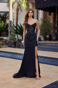Nox Anabel C1868 Strapless Fitted Shimmer Jersey Thigh High Slit Prom Gown