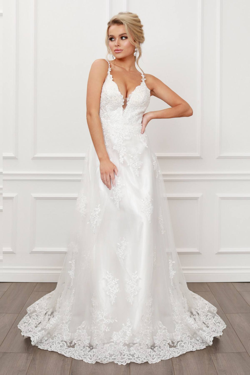 Nox Anabel C461 A-Line V-Neck Side Cutout Lace Strap Ball Gown