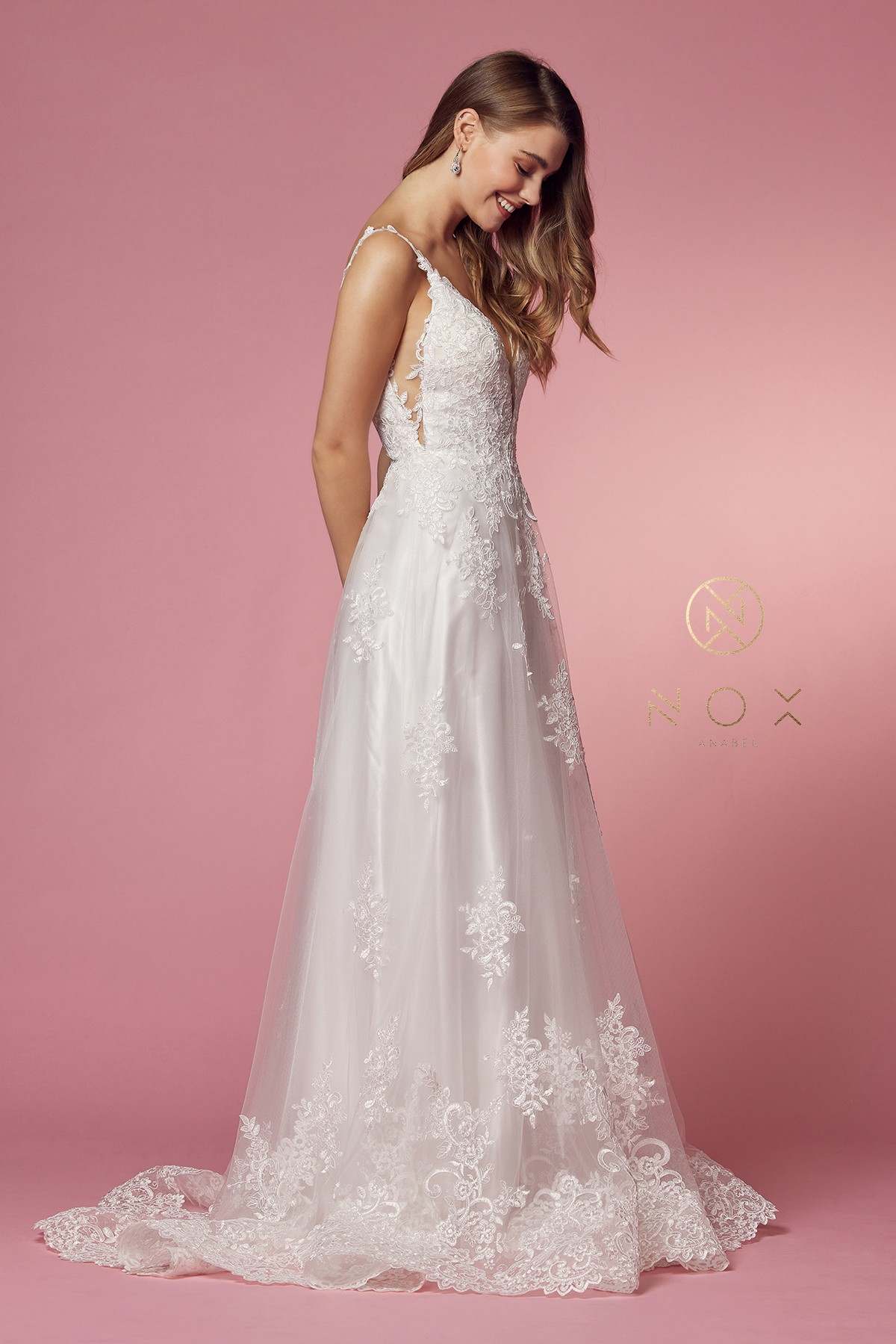 Nox Anabel C461 A-Line V-Neck Side Cutout Lace Strap Ball Gown