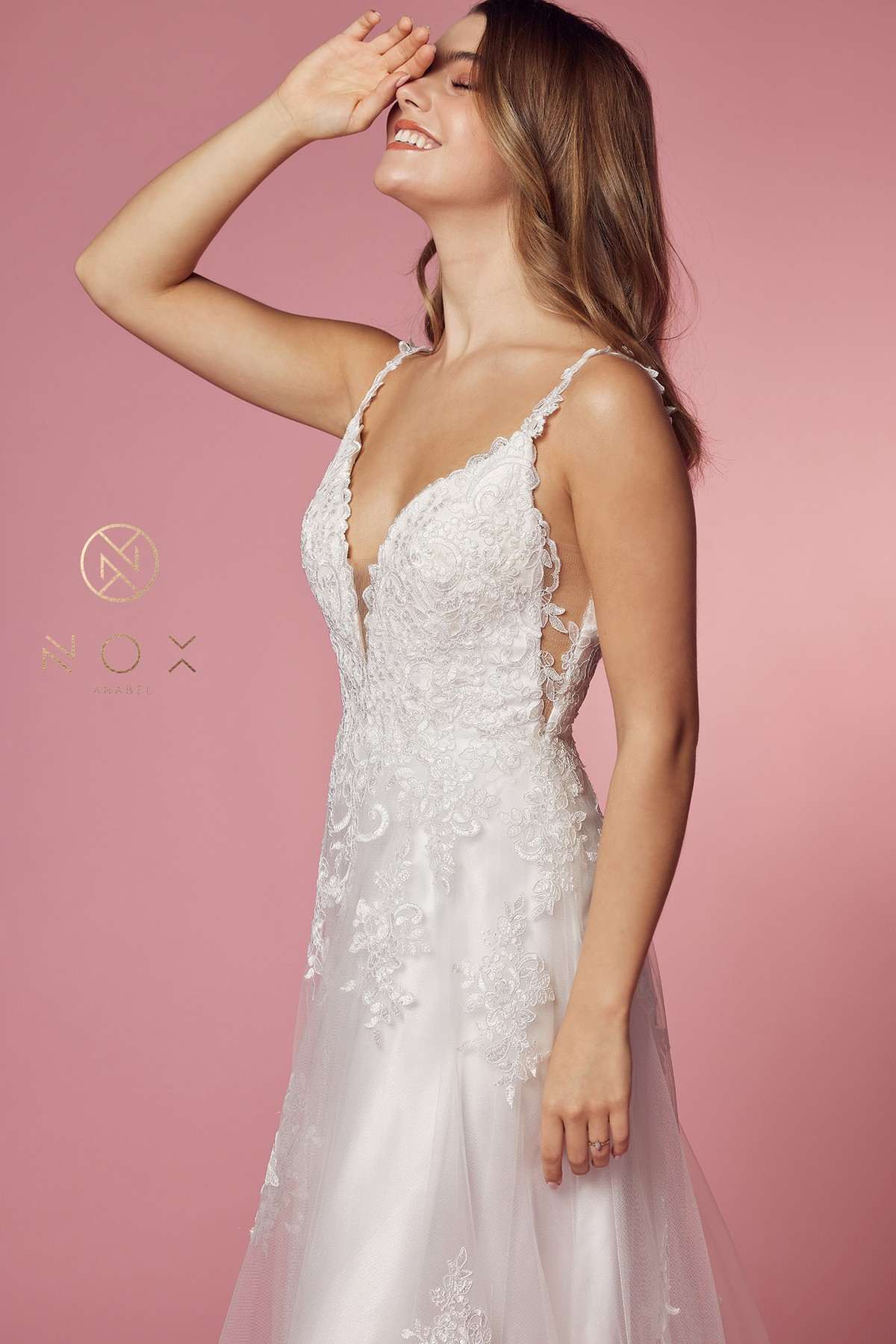 Nox Anabel C461 A-Line V-Neck Side Cutout Lace Strap Ball Gown
