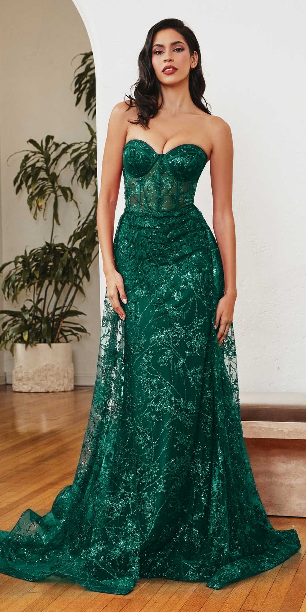 Cinderella Divine CB046W Strapless Gown Floral Applique Glitter Tulle Overskirt