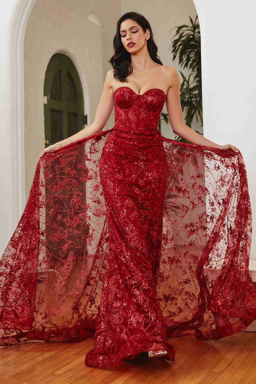 Cinderella Divine CB046W Strapless Gown Floral Applique Glitter Tulle Overskirt