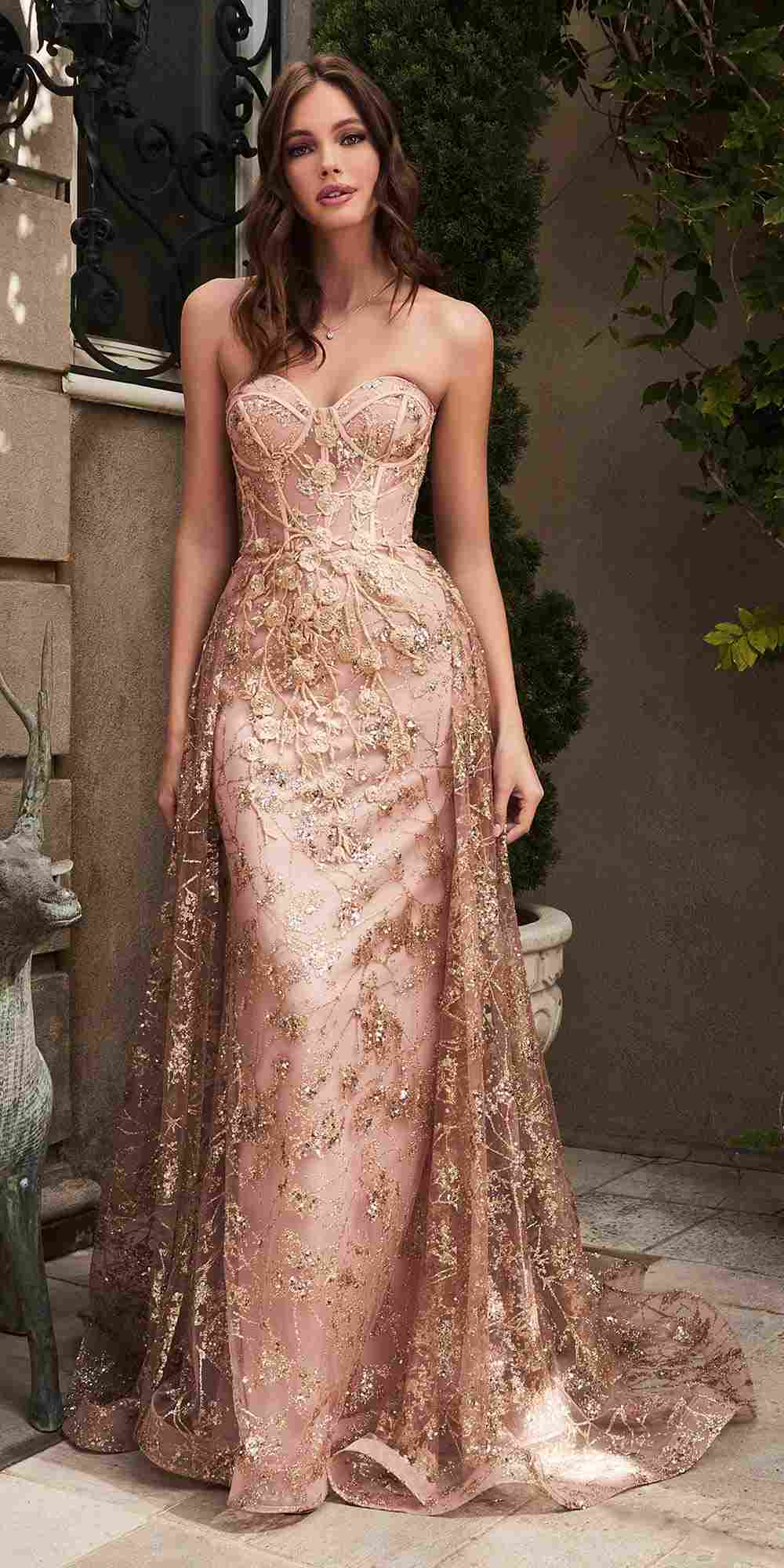 Cinderella Divine CB046W Strapless Gown Floral Applique Glitter Tulle Overskirt