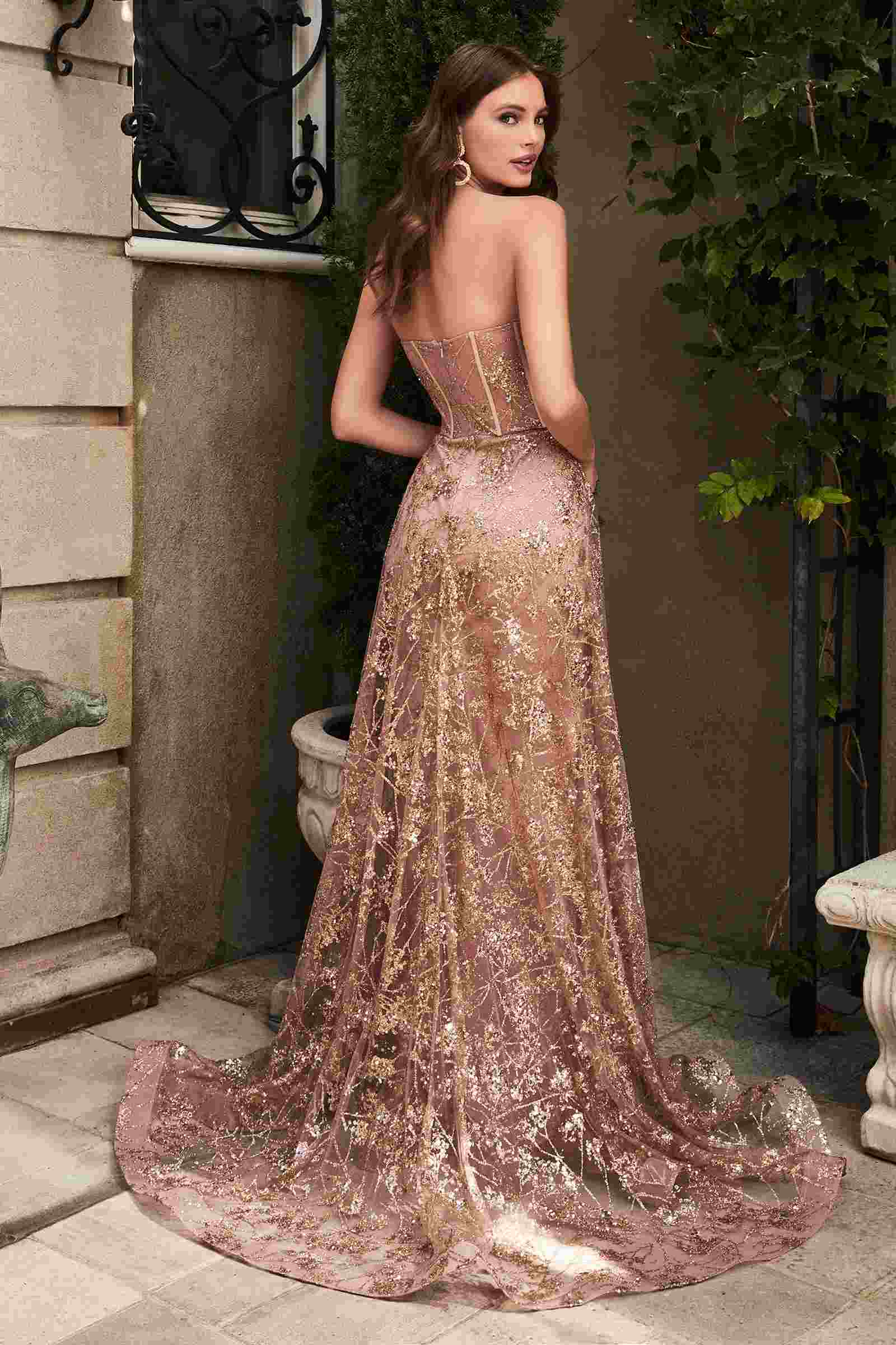 Cinderella Divine CB046W Strapless Gown Floral Applique Glitter Tulle Overskirt