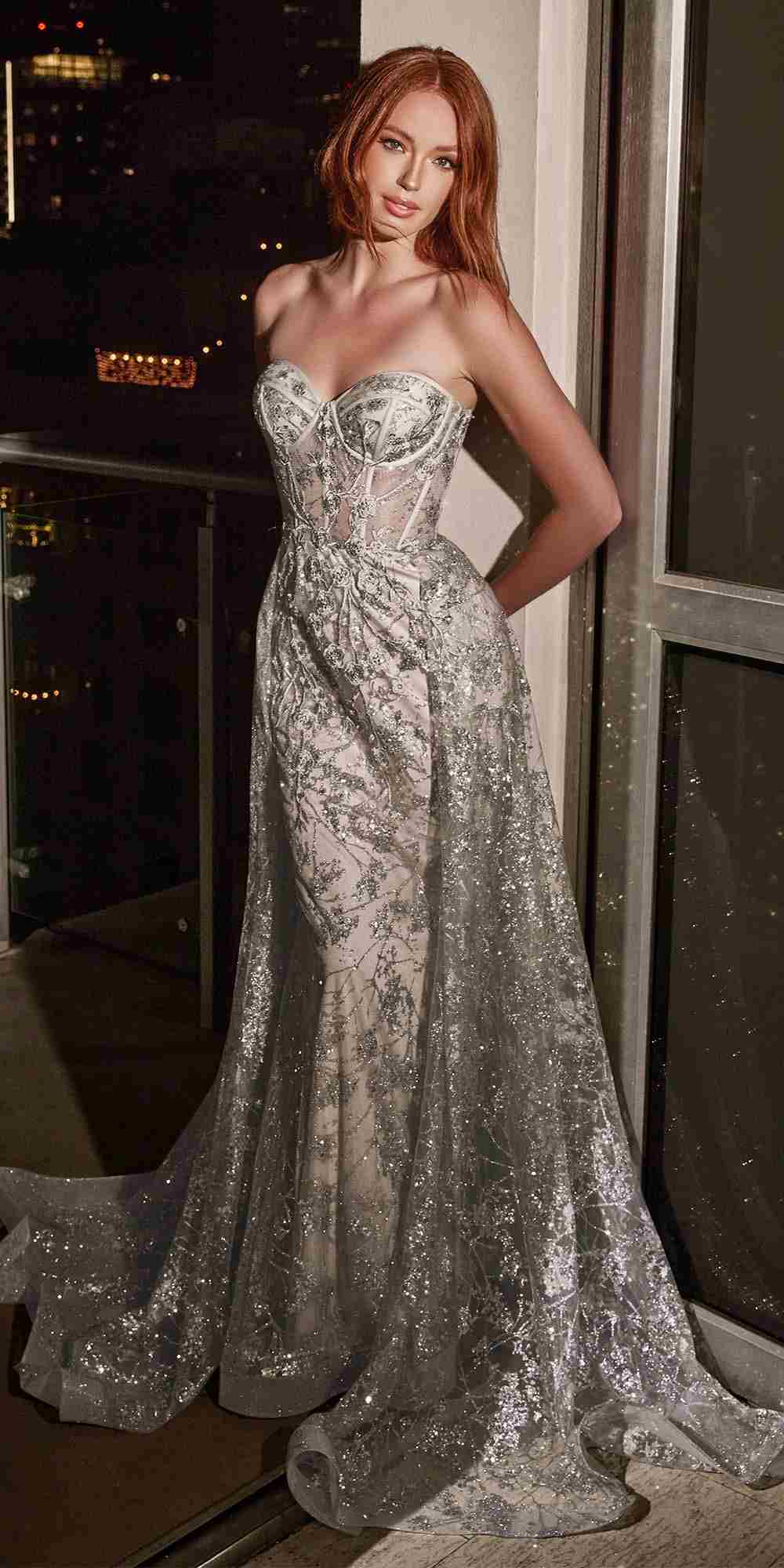 Ladivine CB046 Strapless Fitted Gown Floral Applique And Glitter Tulle Overskirt