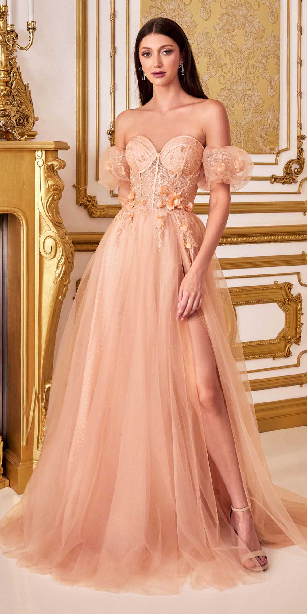 Cinderella Divine CB080 Long Strapless Tulle Floral Ball Gown