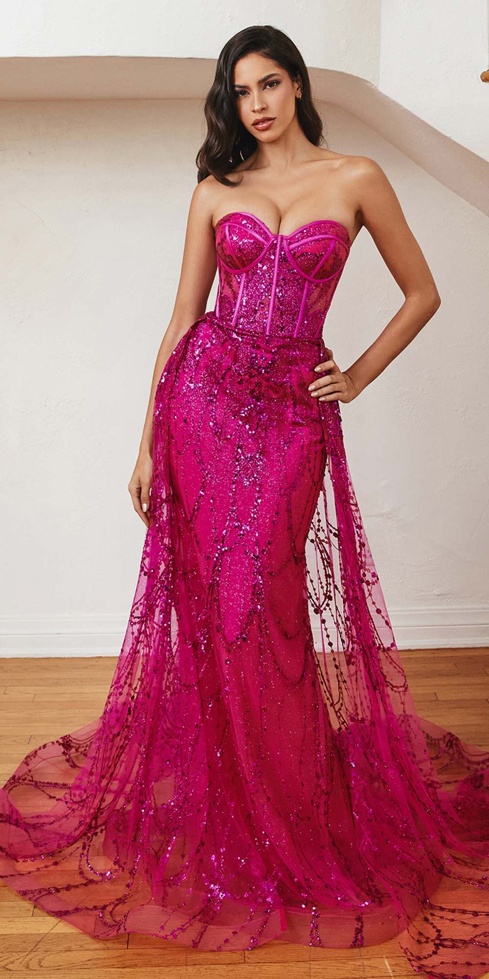 Cinderella Divine CB095 Strapless Lace Fitted Gown with Over Skirt