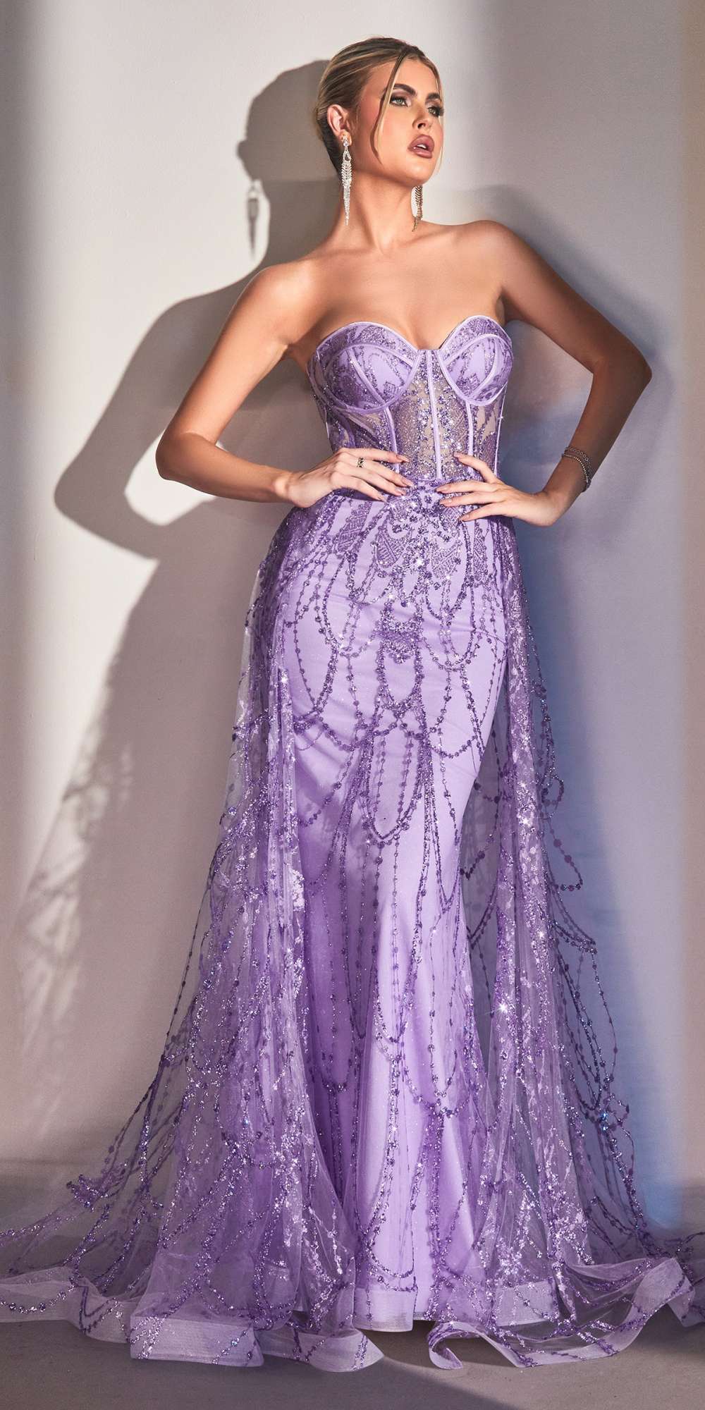 Cinderella Divine CB095 Strapless Lace Fitted Gown with Over Skirt