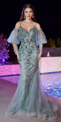 Ladivine CB121 Embellished Fitted Mermaid Gown with Puff Sleeves