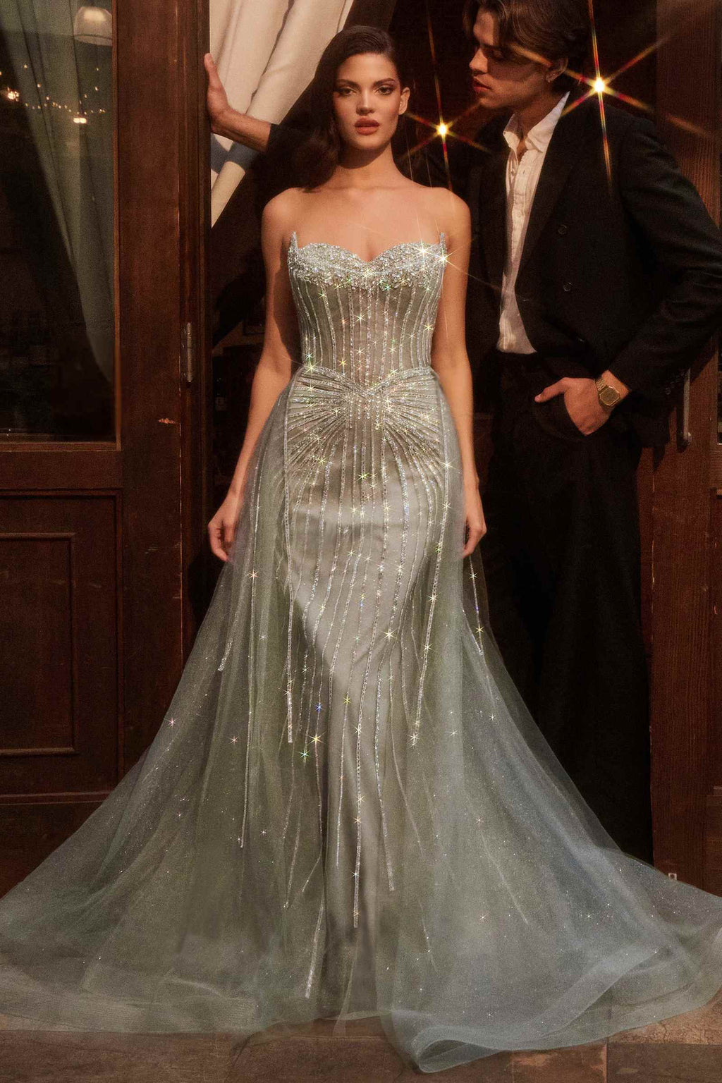 Ladivine CB158 Strapless Crystal Embellished Gown With Overskirt