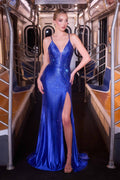 Ladivine CB163 Fitted Slight Flare Illusion V-Neckline Stretch Gown