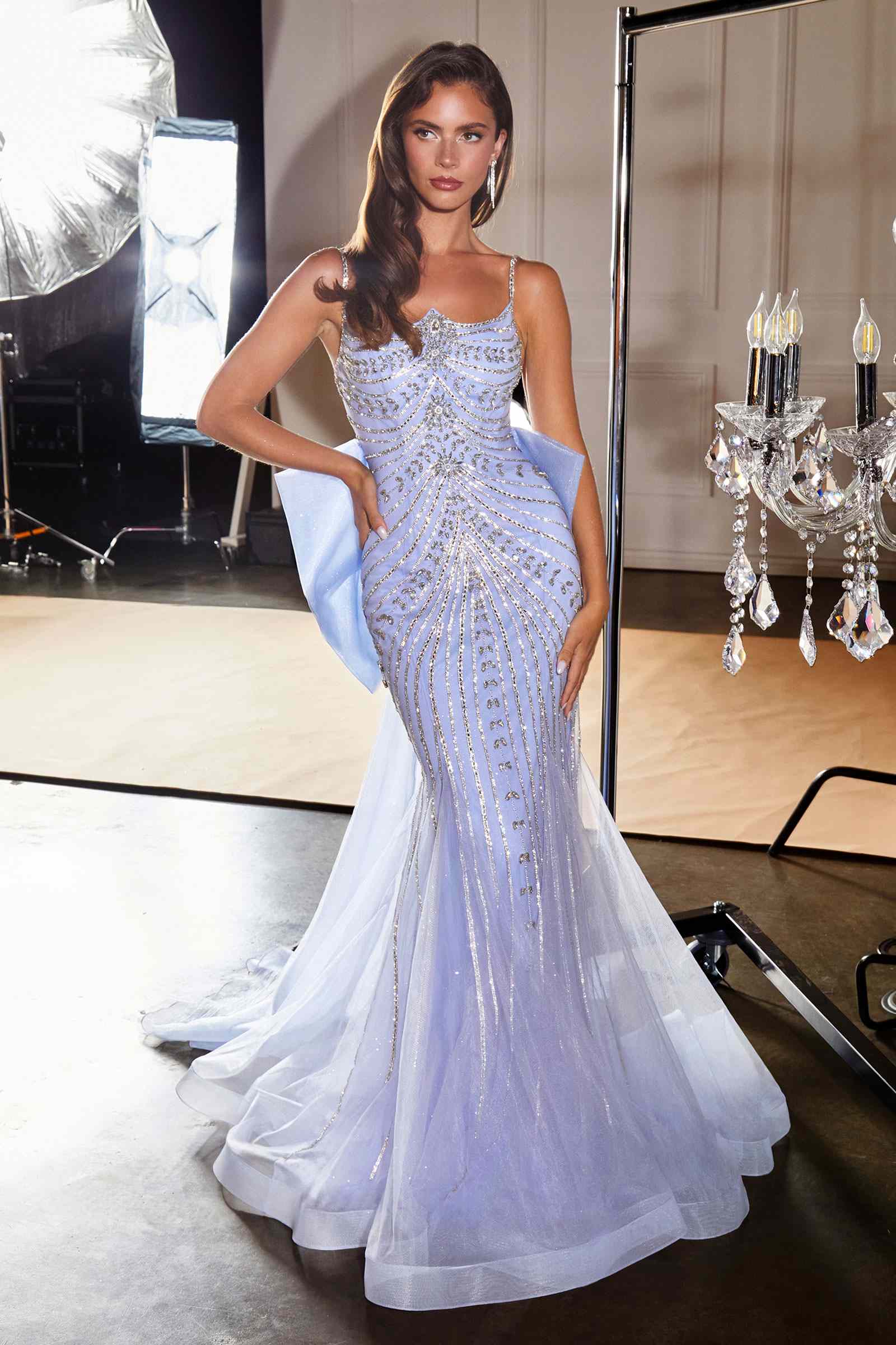 Ladivine CB167 Fitted Radiant Beadwork Scoop Neckline Dress Oversized Bow Train