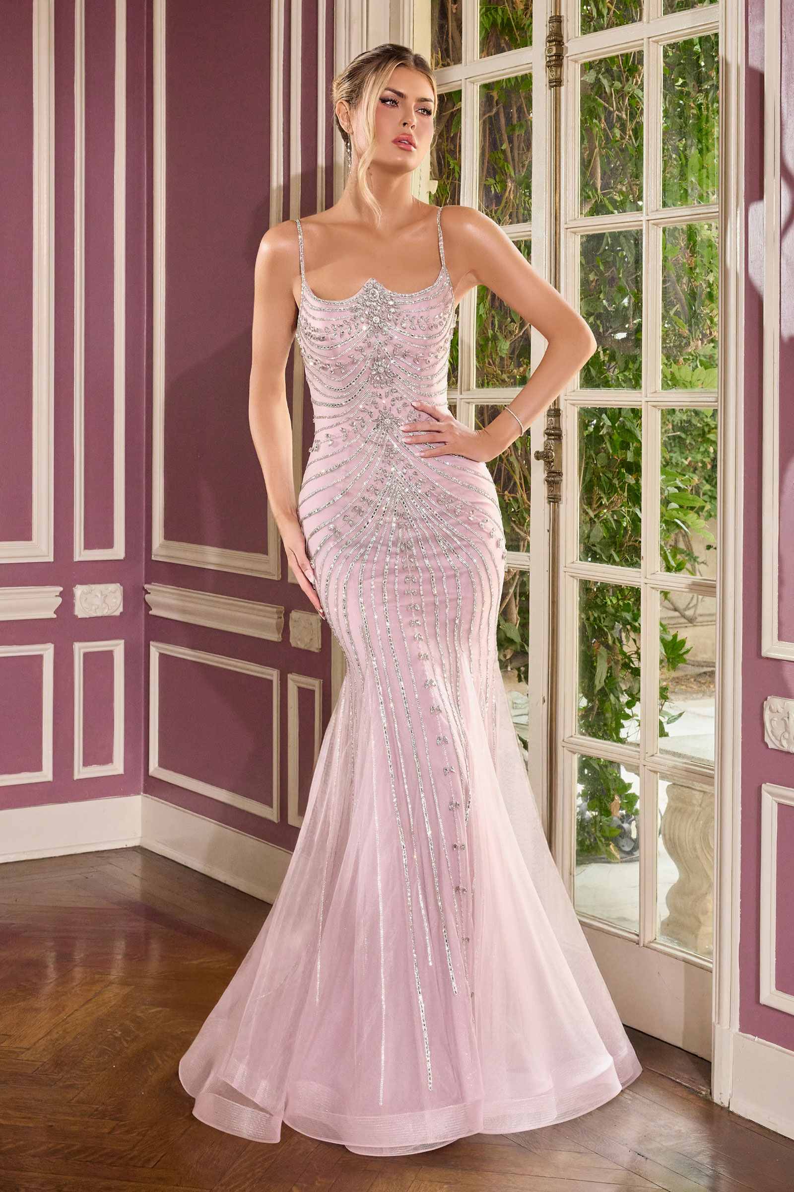 Ladivine CB167 Fitted Radiant Beadwork Scoop Neckline Dress Oversized Bow Train
