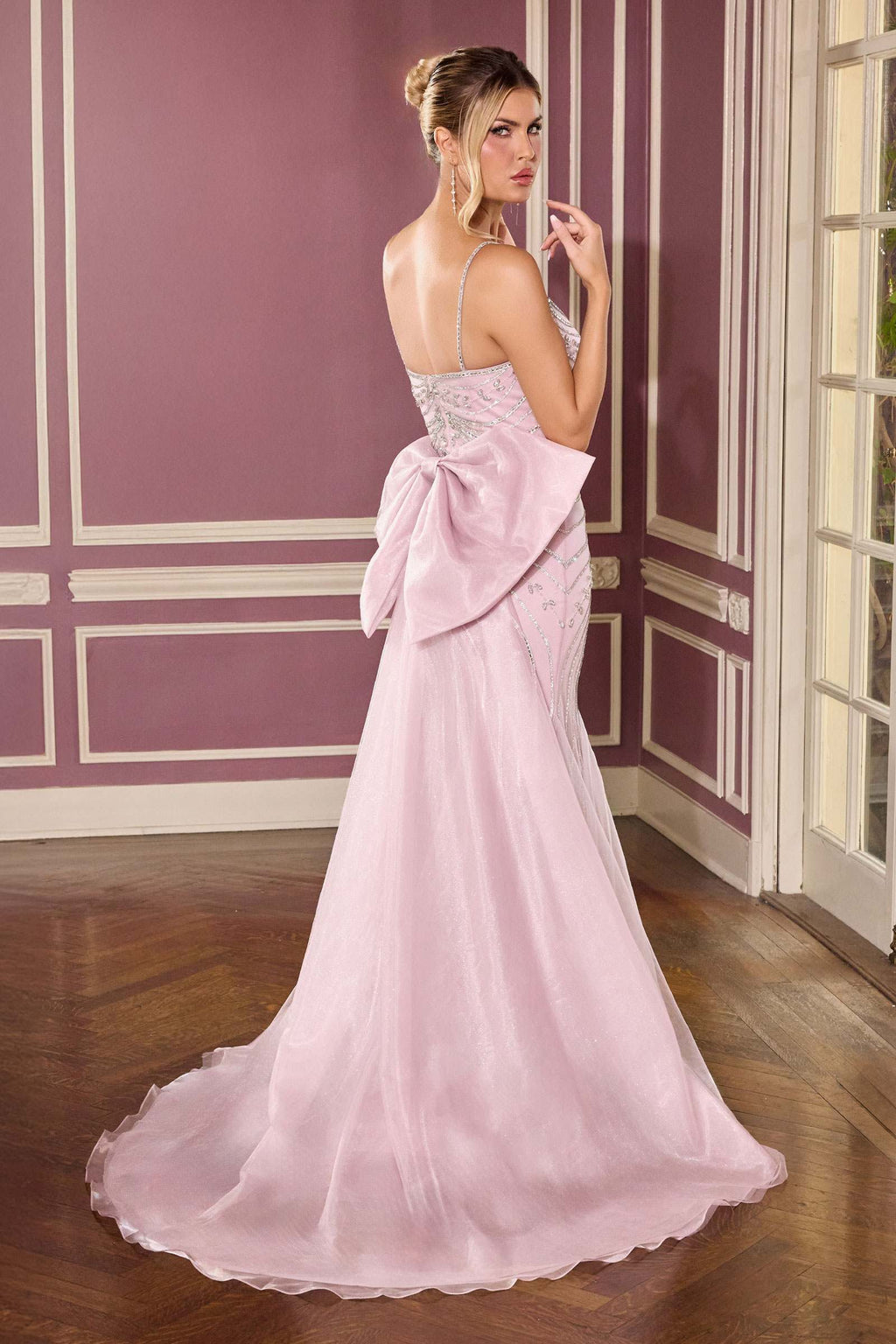 Ladivine CB167 Fitted Radiant Beadwork Scoop Neckline Dress Oversized Bow Train