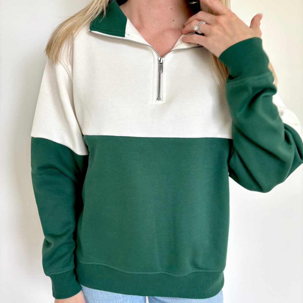 Hunter Green/Cloud Dancer Colorblock Quarter Zip Pullover