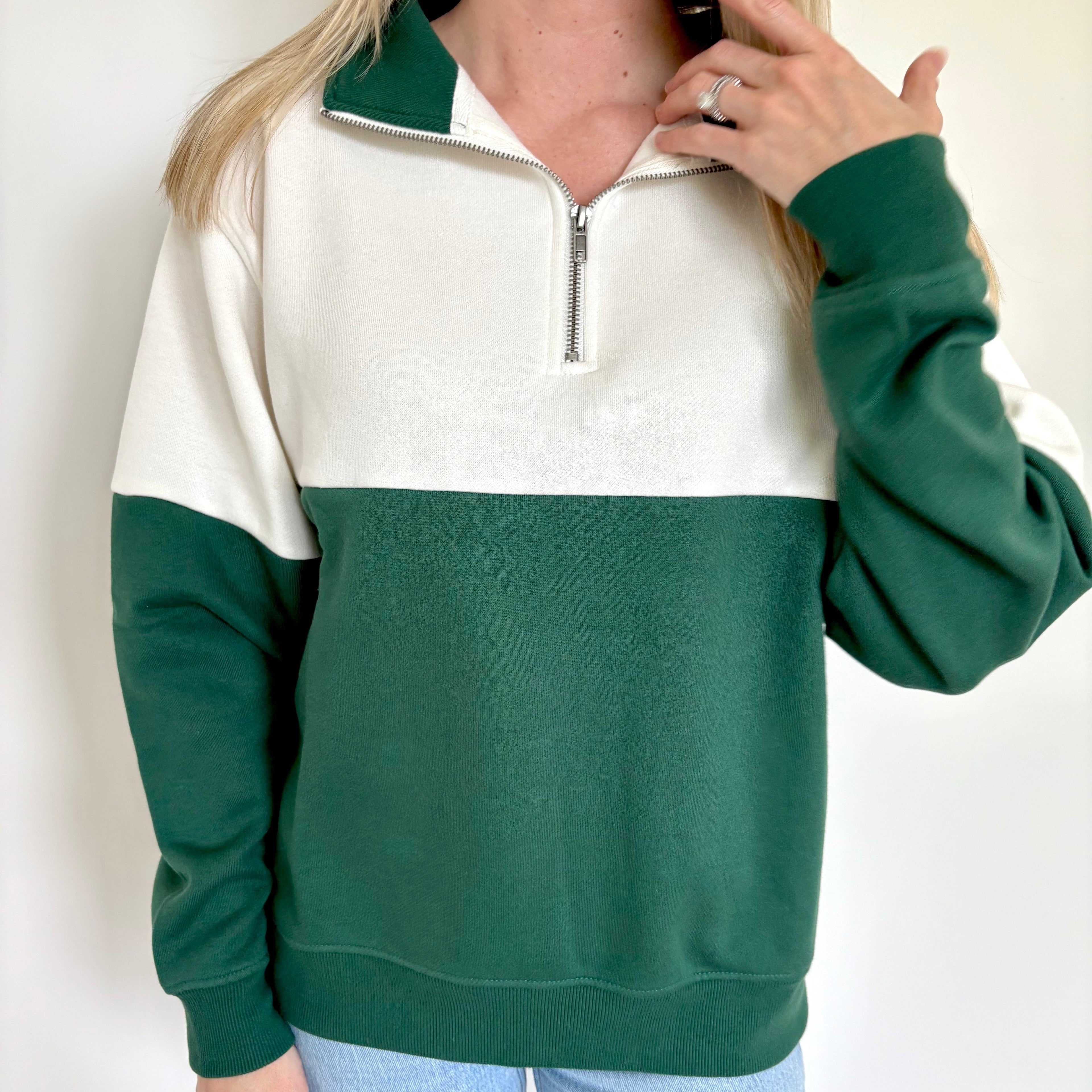 Hunter Green/Cloud Dancer Colorblock Quarter Zip Pullover