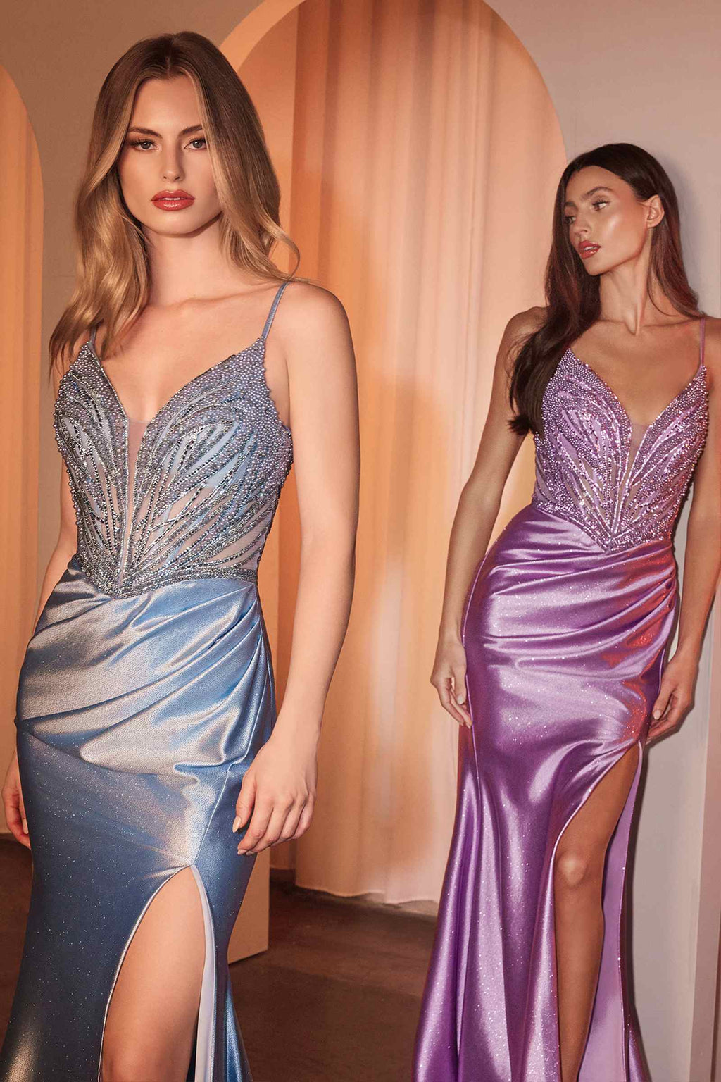 Ladivine CC0238 Dress Pearl Embellished Stretch Satin Glimmering Gown