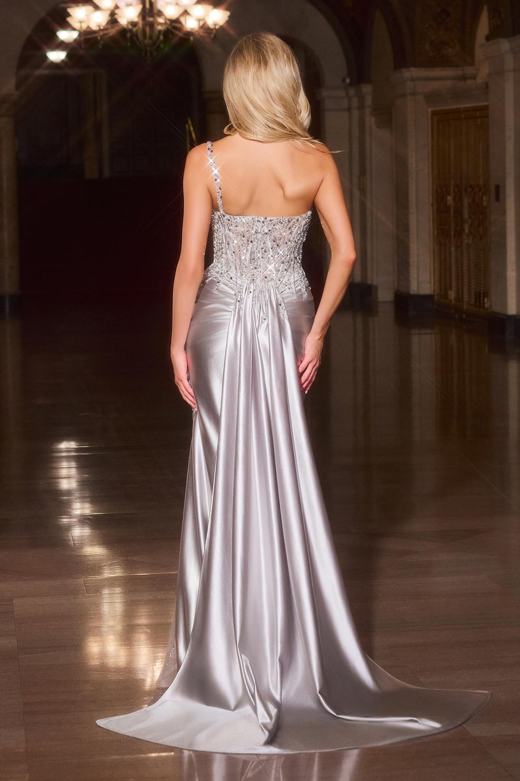 Ladivine CC0329 Fitted Sculpted Illusion Bodice Satin Skirt Dress