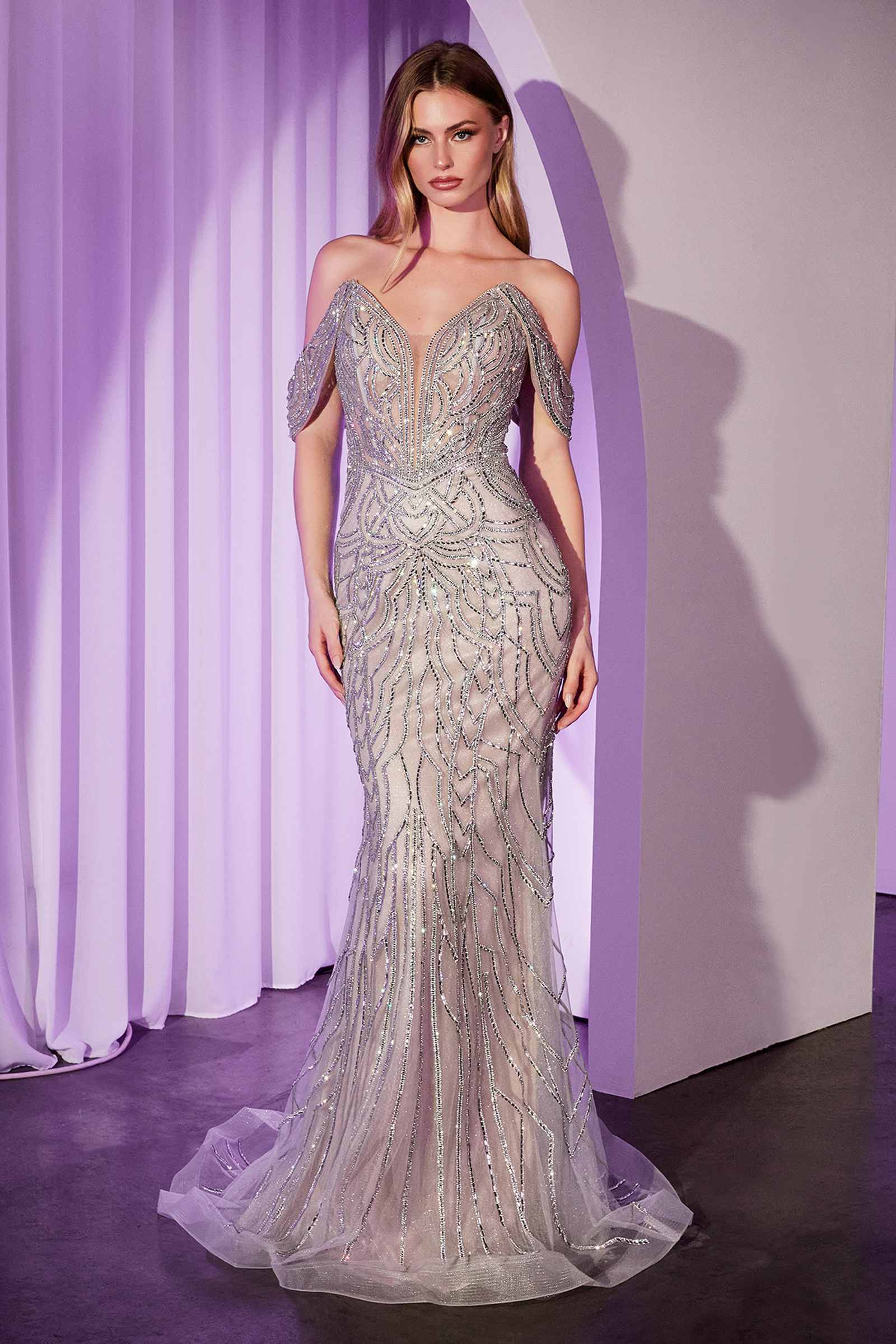 Ladivine CC0689 Dress Off The Shoulder Crystal Embellished Gown