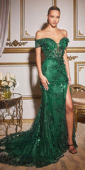Cinderella Divine CC2164 Long Off The Shoulder 3D Applique Floral Gown