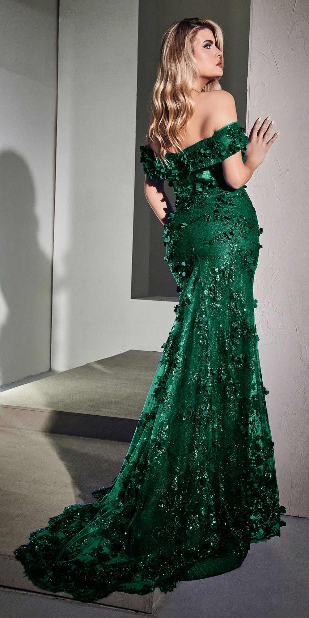 Cinderella Divine CC2164 Long Off The Shoulder 3D Applique Floral Gown