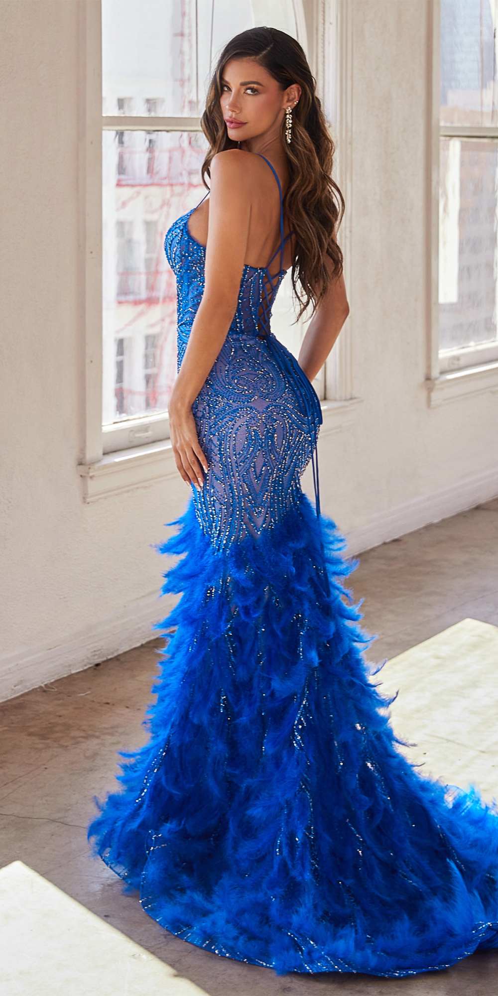 Ladivine CC2308 Long Fully Embellished and Feather Mermaid Gown