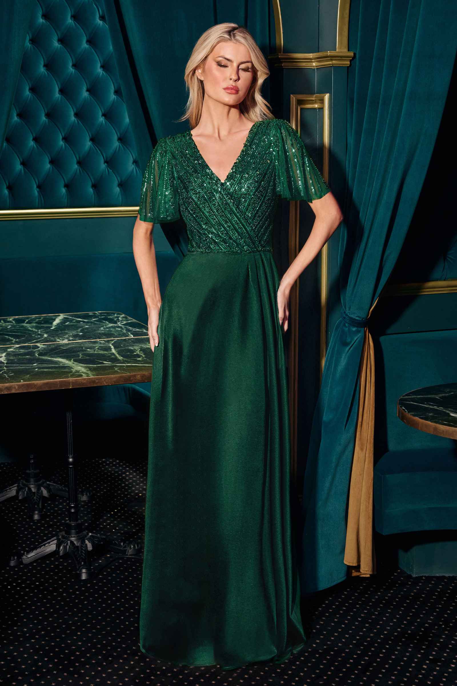 Ladivine CC447 Flutter Sleeves V-Neckline A-Line Satin Evening Gown