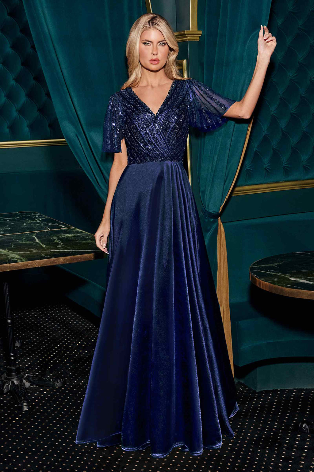 Ladivine CC447 Flutter Sleeves V-Neckline A-Line Satin Evening Gown