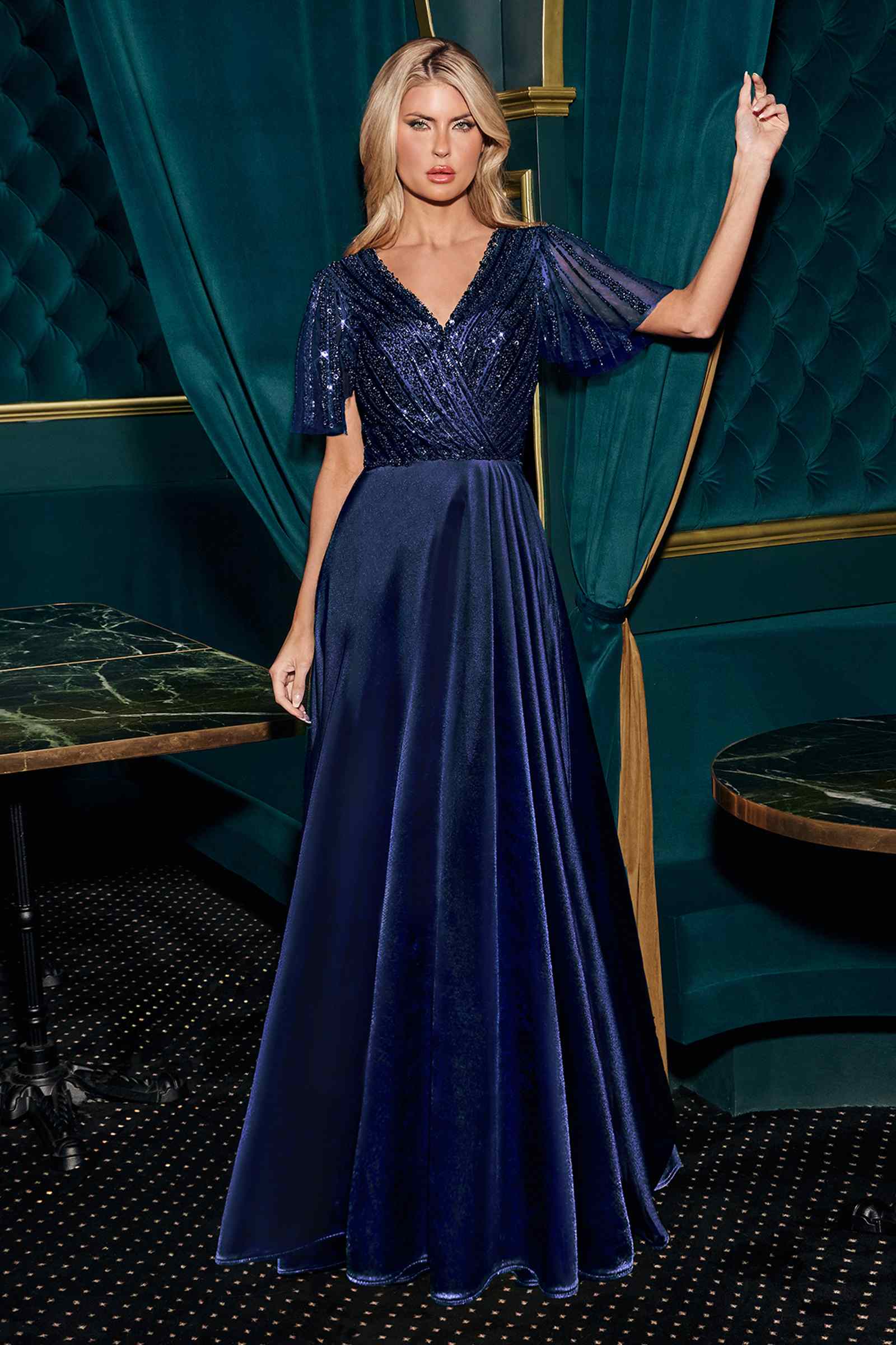Ladivine CC447 Flutter Sleeves V-Neckline A-Line Satin Evening Gown