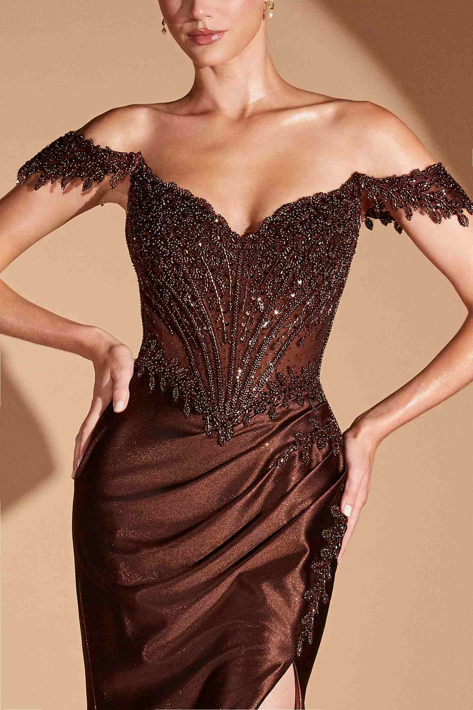 Ladivine CC456 Glitter Satin Strech Fitted Evening Gown