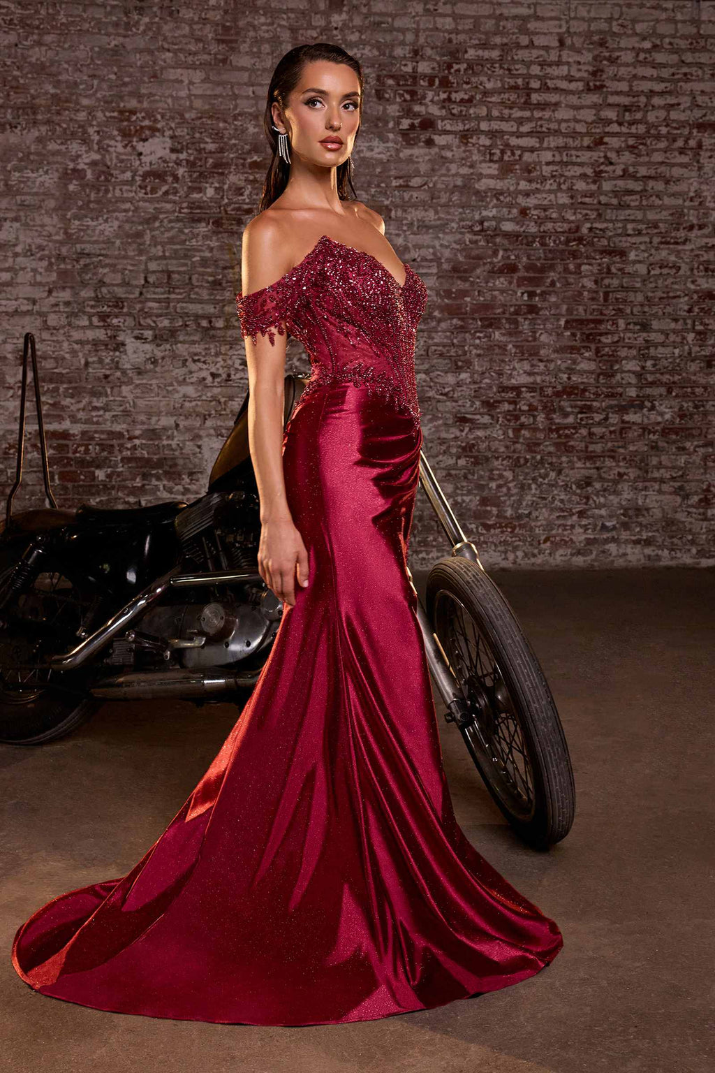 Ladivine CC456 Glitter Satin Strech Fitted Evening Gown