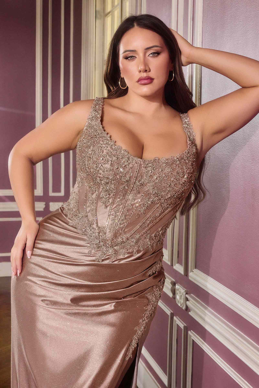 Ladivine CC475C Strapless Fitted Plus Size Prom Gown With Lace Detailing